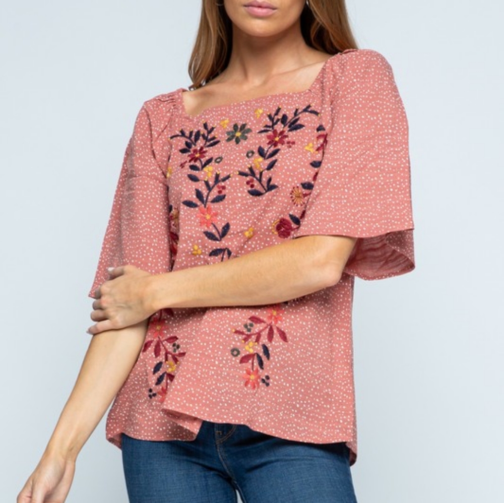 Polagram Embroidered Floral Square‎ Neck Top